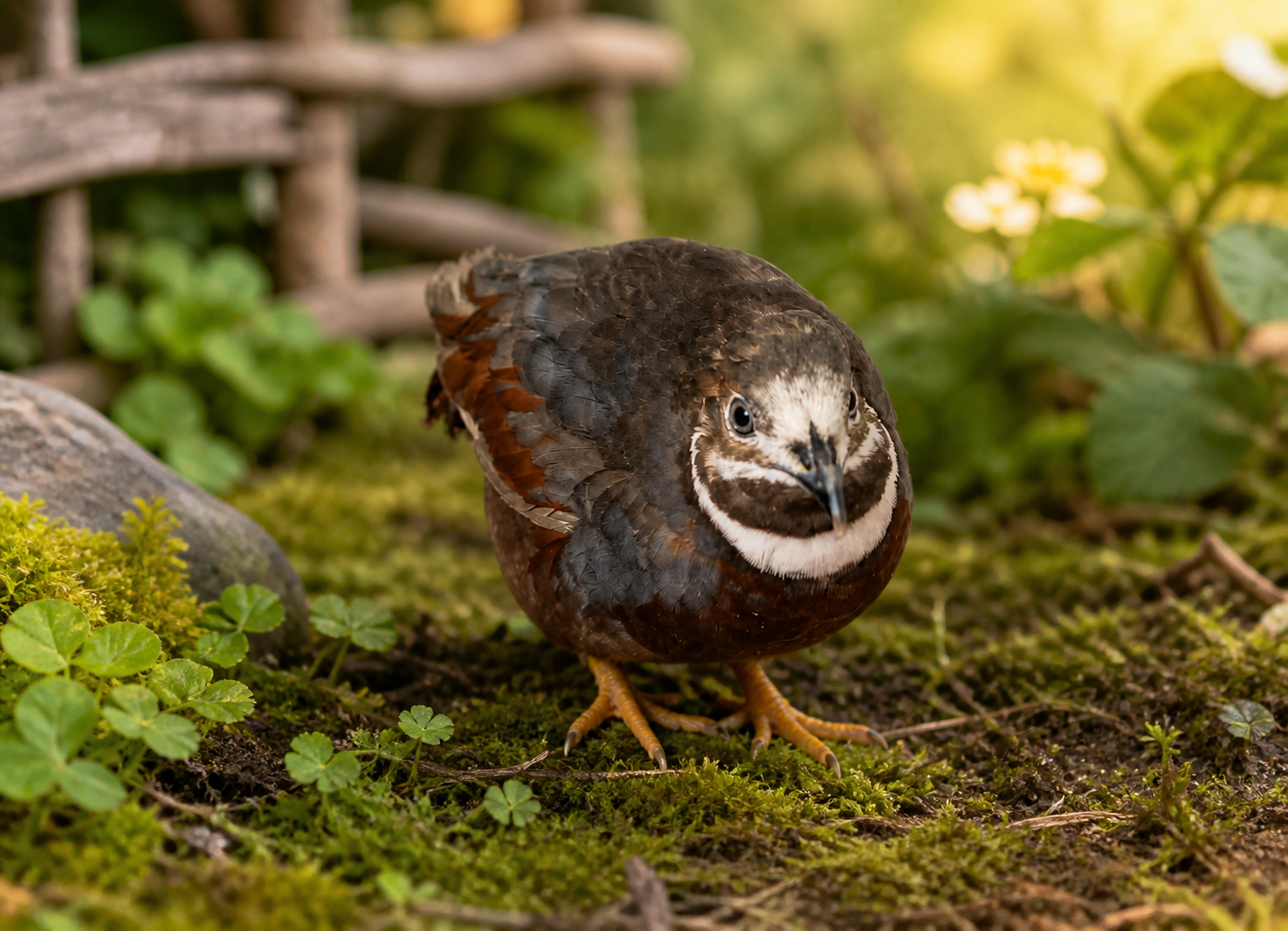 The new Holy Acres button quail crew's main character standing in a mossy garden and looking directly at the camera