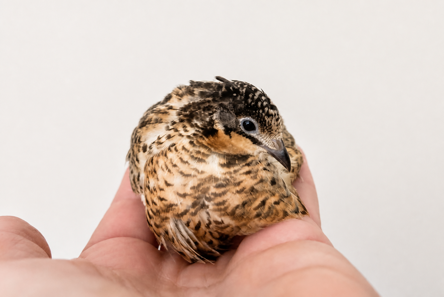 A warm speckled button quail nestled between two fingers