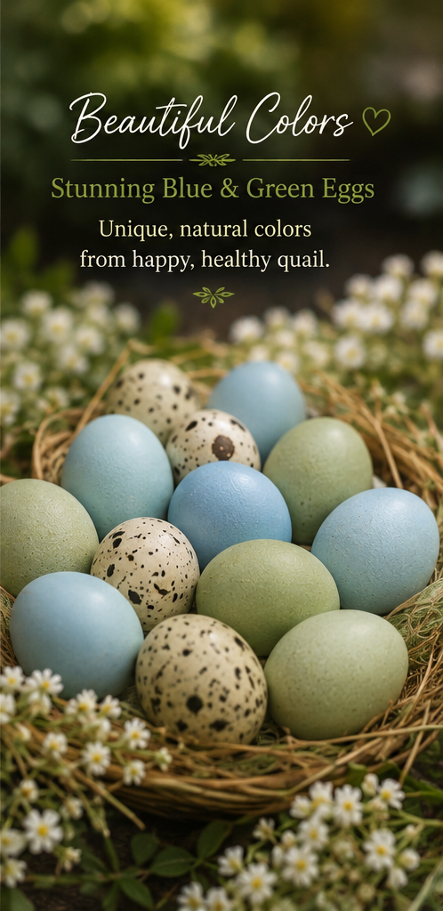 A nest of celadon blue and green quail eggs beside speckled ones, ringed with white flowers