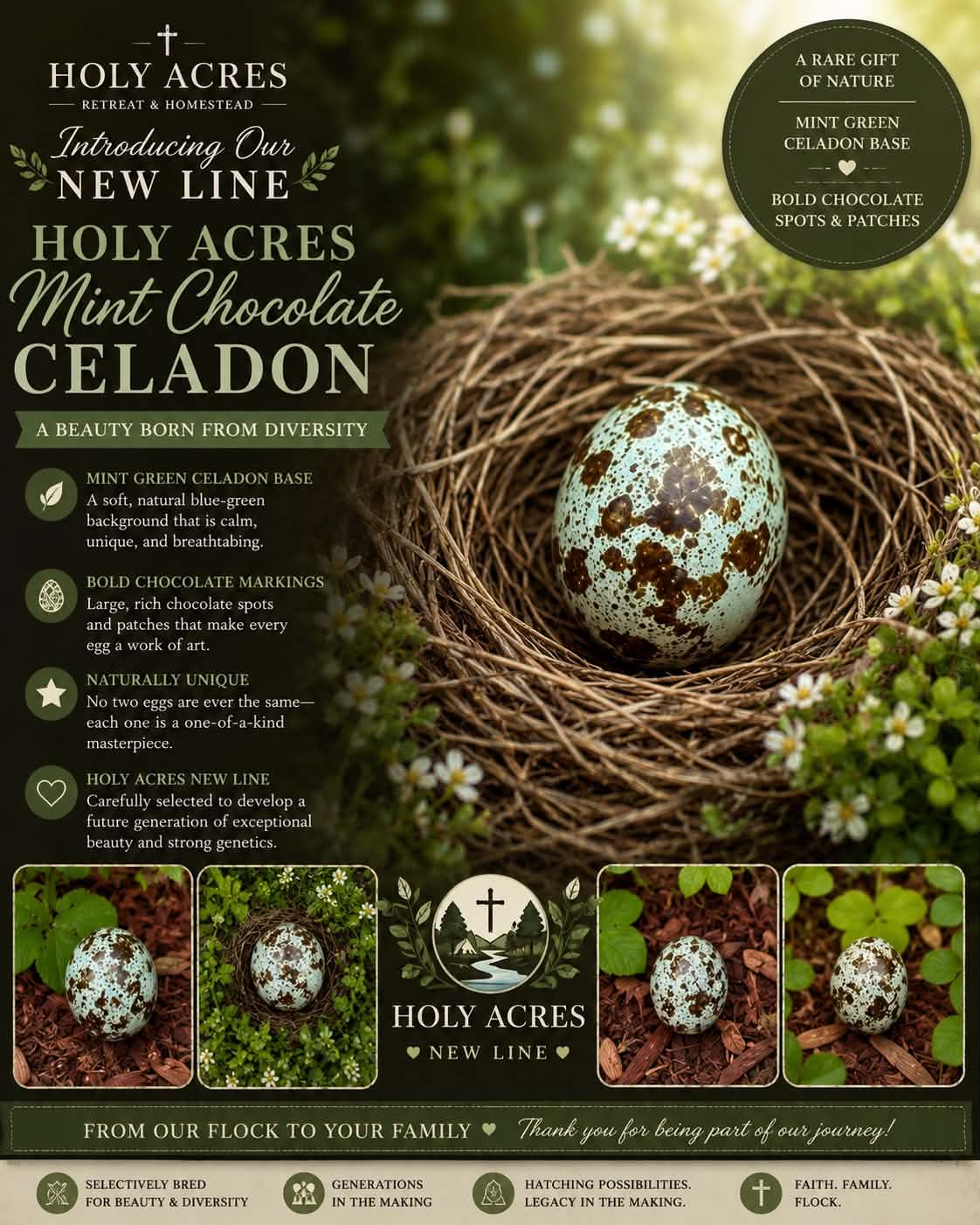 Holy Acres Mint Chocolate Celadon announcement featuring a mint-green quail egg with rich chocolate markings in a nest