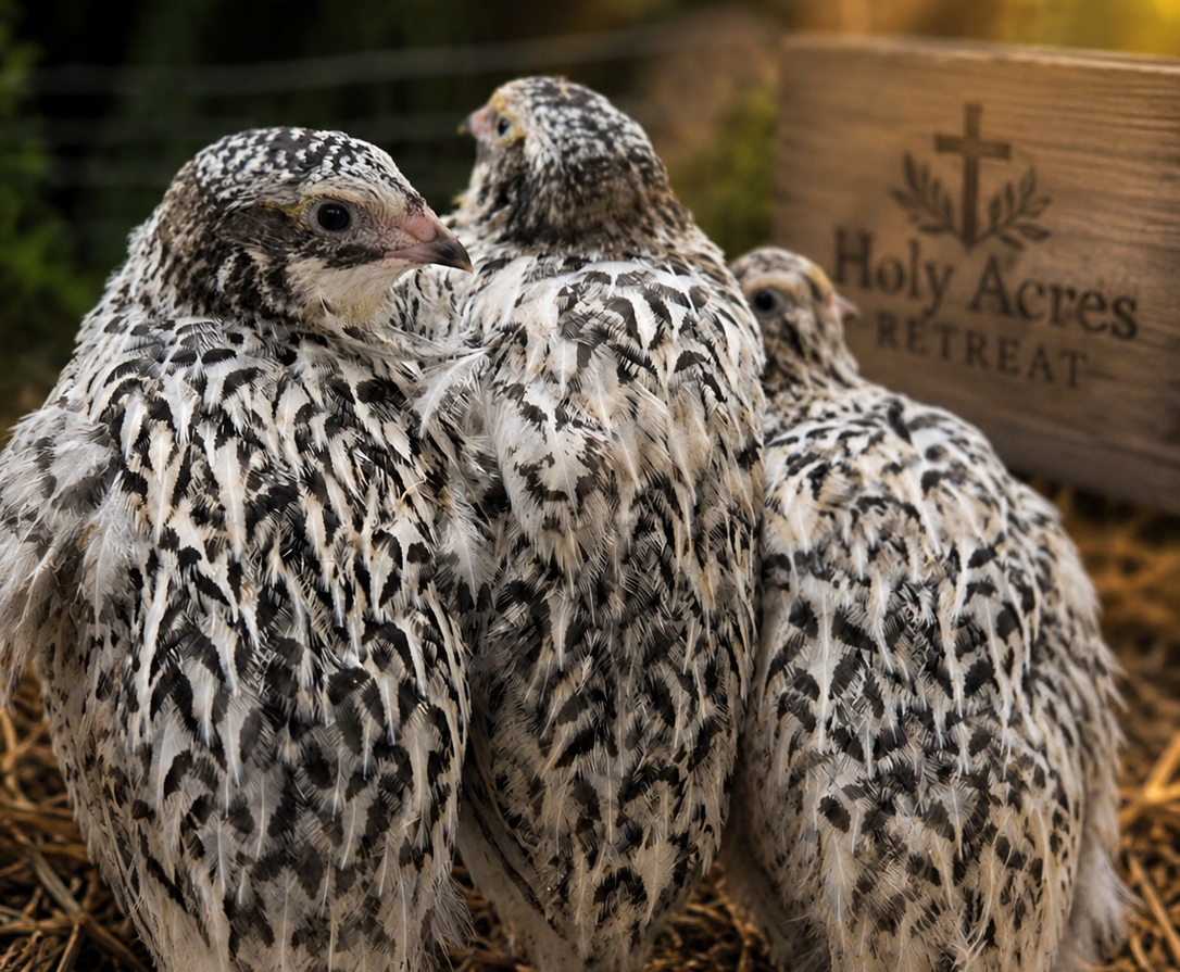 Three Pearl Fee Coturnix chicks at four weeks old, beside the Holy Acres Retreat sign