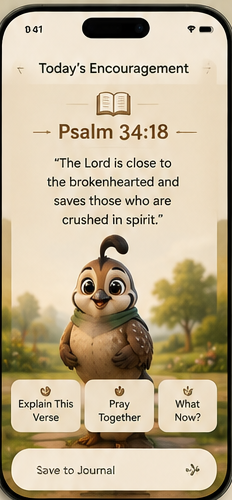 The Quail app’s daily encouragement screen, showing Psalm 34:18