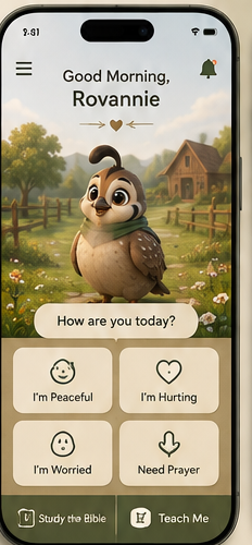 The Quail app’s home screen, greeting the user and offering mood check-ins