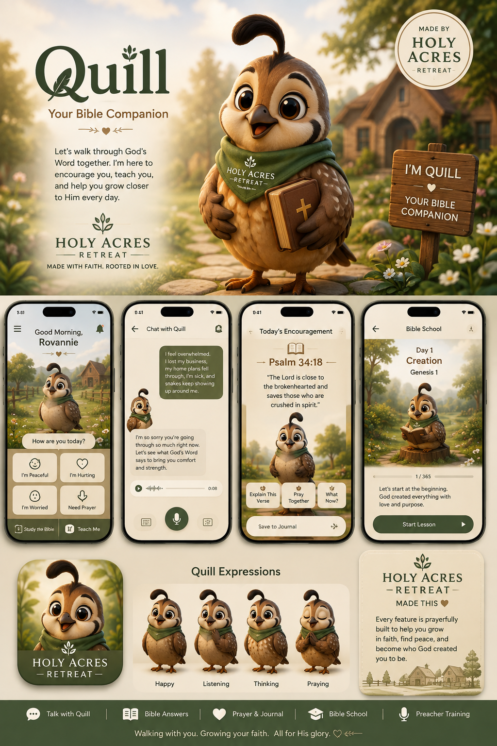 Quill, a friendly quail holding a Bible, beside three app screens showing a greeting, the prayer garden, and today's encouragement