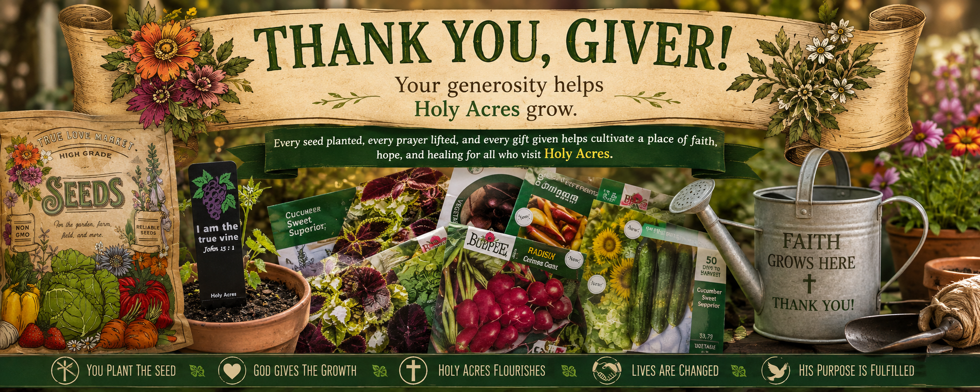 Thank you, giver! Your generosity helps Holy Acres grow. Every seed planted, every prayer lifted, and every gift given helps cultivate a place of faith, hope, and healing for all who visit Holy Acres. You plant the seed, God gives the growth, Holy Acres flourishes, lives are changed, His purpose is fulfilled.